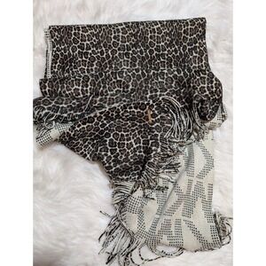 Michael Kors‎ Reversible Scarf Leopard Print MK Logo Fringe Trim